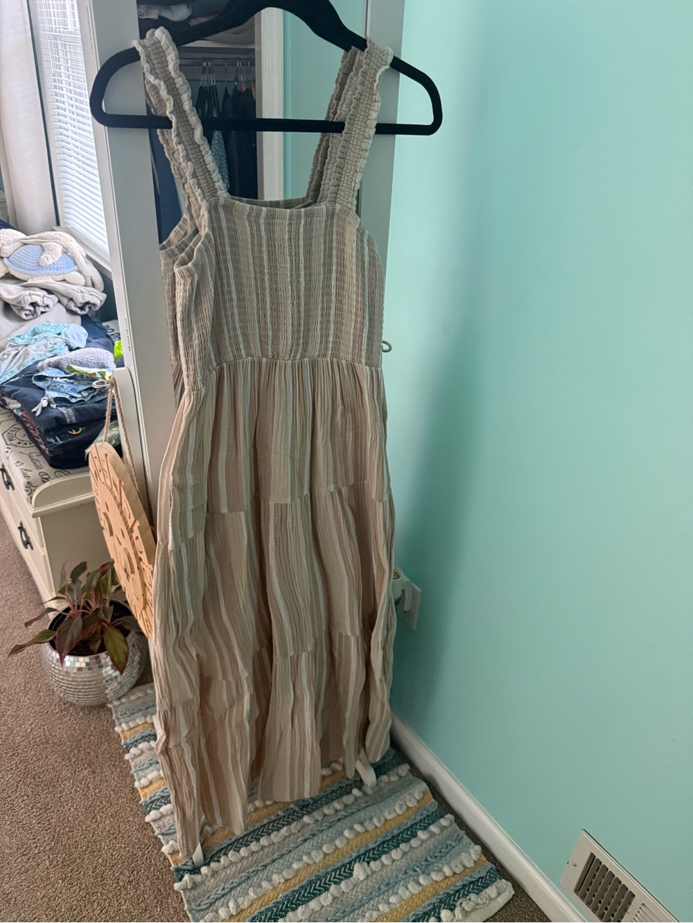 Striped Cream and Beige Tiered Midi Dress with Smocked Bodice